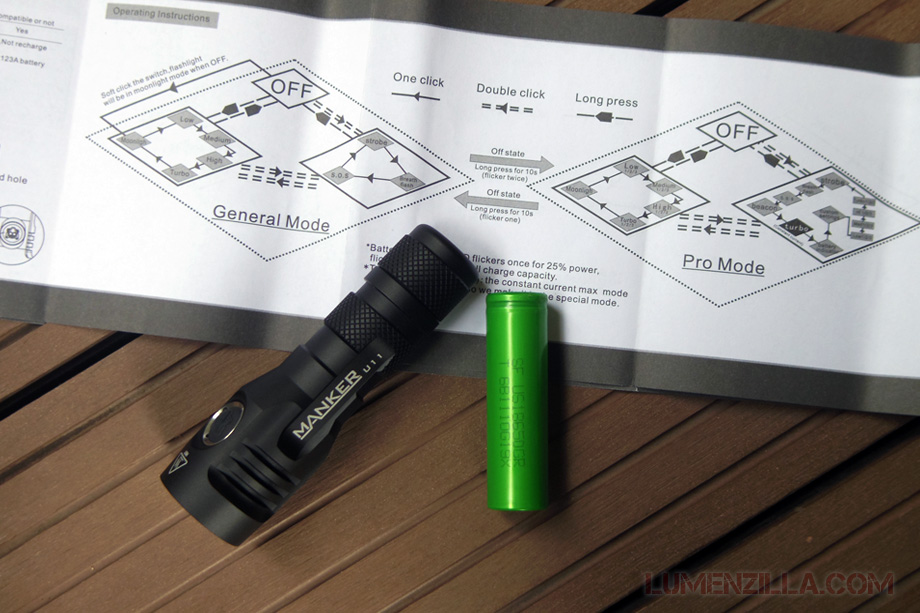 manker quinlan u11 flashlight operating manual and 18650 battery