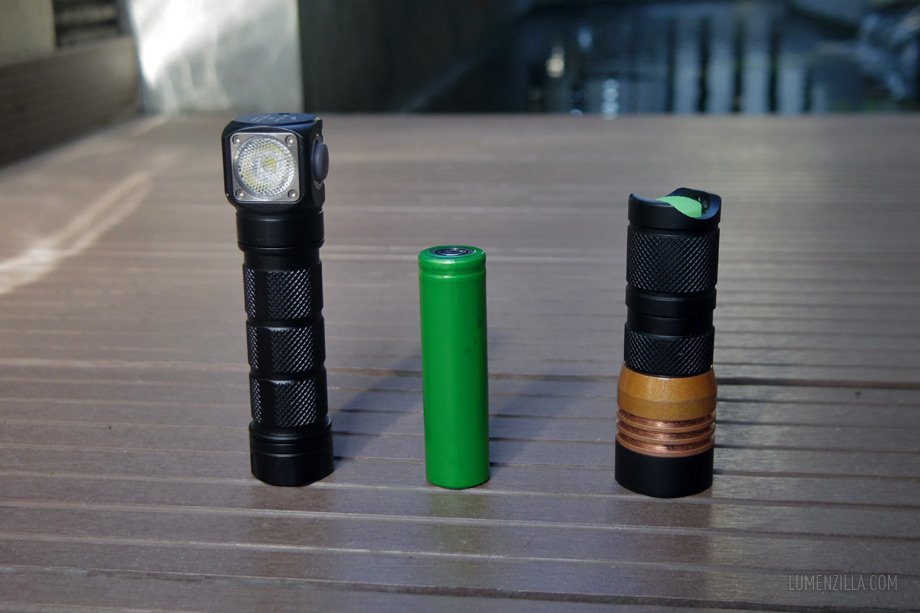 skilhunt h03 size compared to manker e14 and 18650 battery